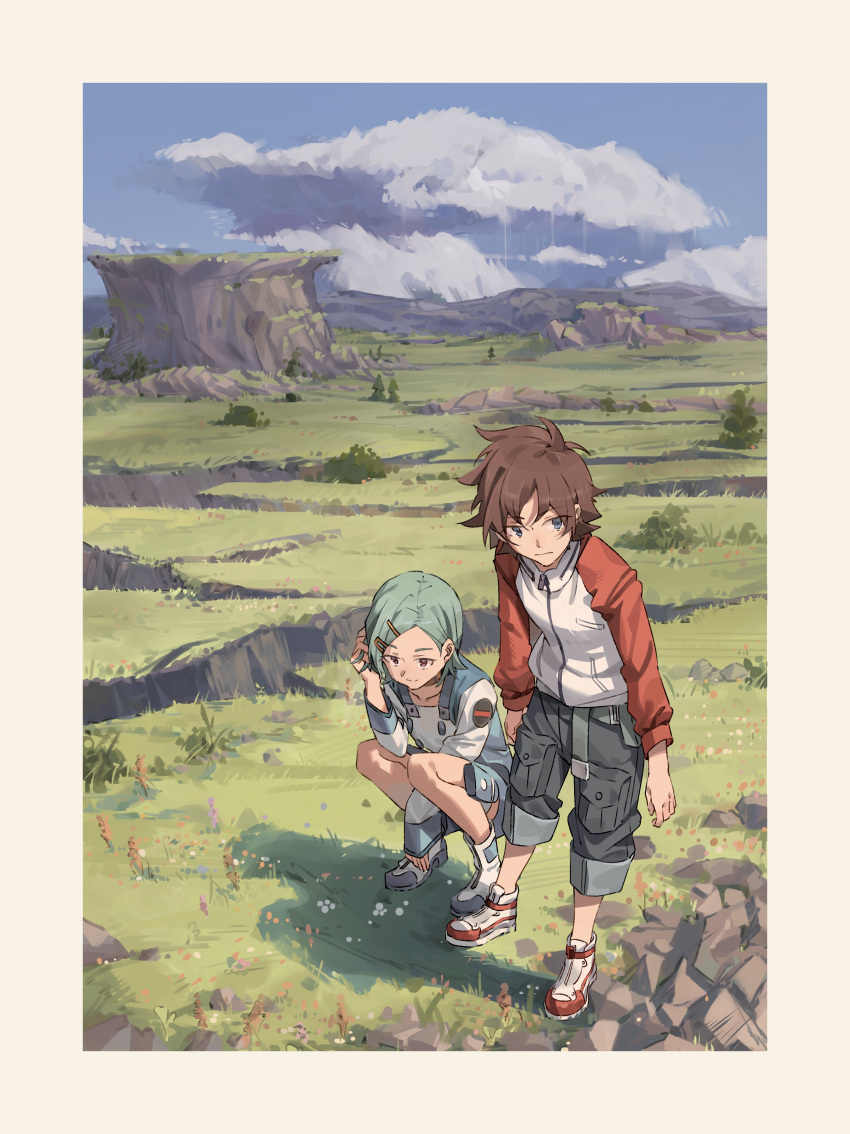 1boy 1girl absurdres belt belt_pouch black_pants blue_eyes blue_sky boots border brown_hair bush cargo_pants closed_mouth clouds commentary_request cumulonimbus_cloud day dress eureka_(eureka_seven) eureka_seven eureka_seven_(series) geng99161 grass green_hair grey_belt hair_ornament hairclip high_tops highres jacket knee_boots leaning_forward long_sleeves looking_down looking_to_the_side mountain outdoors pants pants_rolled_up pouch raglan_sleeves red_eyes red_sleeves renton_thurston rock shoes short_hair sky sleeves_past_wrists smile sneakers squatting standing thigh_pouch thigh_strap tree white_border white_dress white_footwear white_jacket