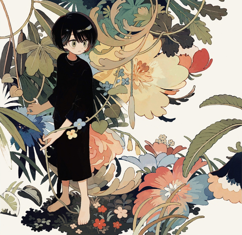1girl barefoot black_dress black_hair blue_flower brown_eyes closed_mouth commentary dress feet flower full_body highres ka_(marukogedago) leaf looking_to_the_side original oversized_flower plant red_flower short_hair sleeves_past_elbows solo standing toenails toes vines white_background yellow_flower