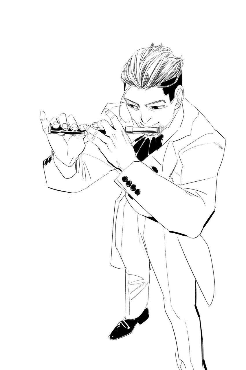 1boy chengongzi123 closed_mouth collared_coat collared_shirt facial_hair foot_out_of_frame goatee_stubble golden_kamuy greyscale hands_up highres holding holding_instrument instrument long_sleeves looking_at_object male_focus monochrome music ogata_hyakunosuke pants playing_instrument shirt shoes short_hair simple_background smile standing stubble undercut very_short_hair white_background