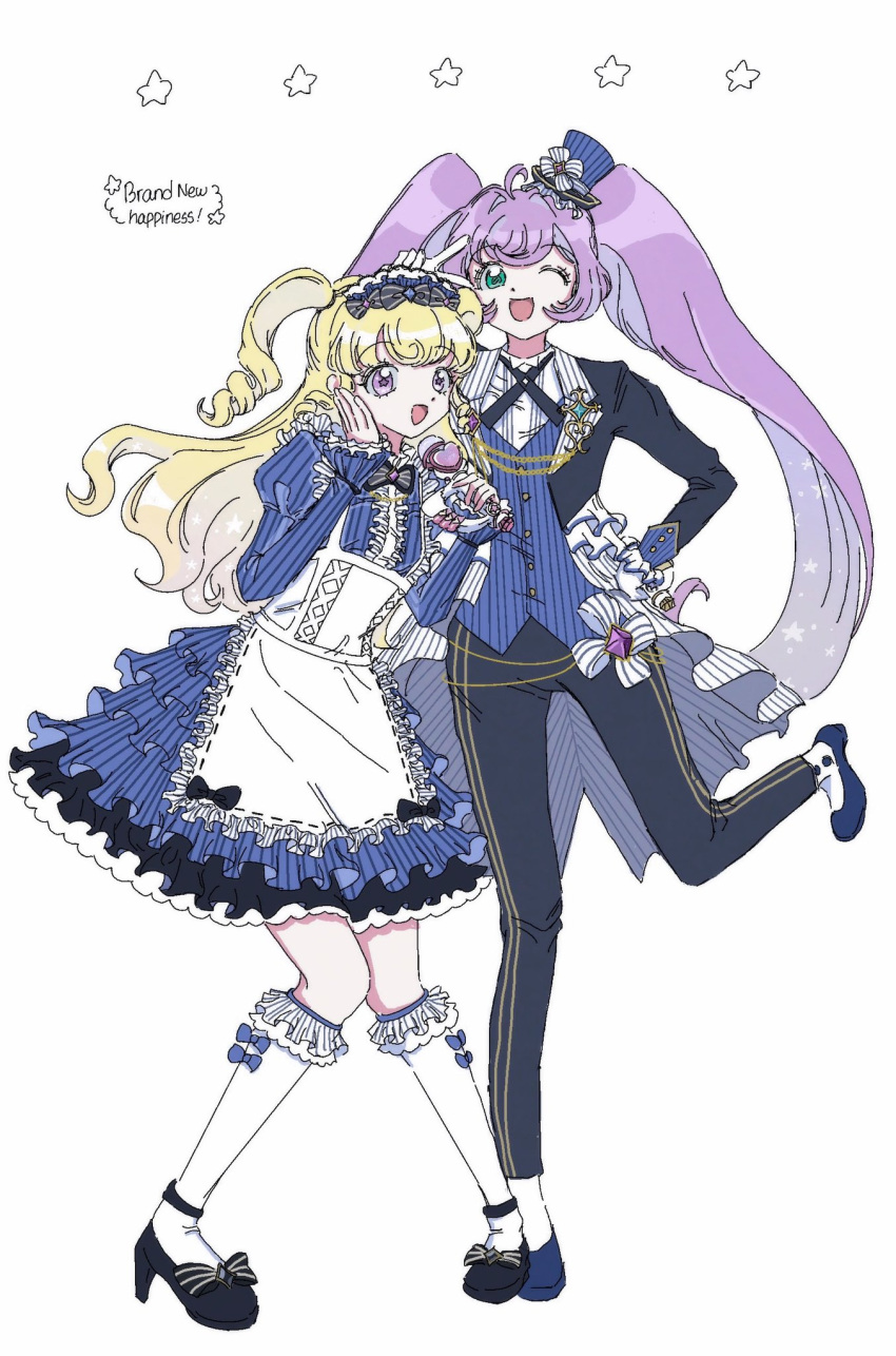 2girls :d ahoge apron black_footwear black_jacket black_pants blonde_hair blue_dress blue_headwear center_frills collared_shirt dress frilled_apron frilled_dress frills full_body gloves green_eyes hand_on_own_cheek hand_on_own_face hand_on_own_hip hand_up hands_up hat high_heels highres idol_time_pripara jacket juliet_sleeves ku_(kuooss) long_hair long_sleeves looking_at_viewer manaka_laala microphone mini_hat mini_top_hat multiple_girls one_eye_closed open_mouth pants pretty_series pripara puffy_sleeves purple_hair ringlets shirt shoes simple_background smile standing standing_on_one_leg star_(symbol) top_hat twintails two_side_up v very_long_hair violet_eyes white_apron white_background white_gloves white_shirt yumekawa_yui