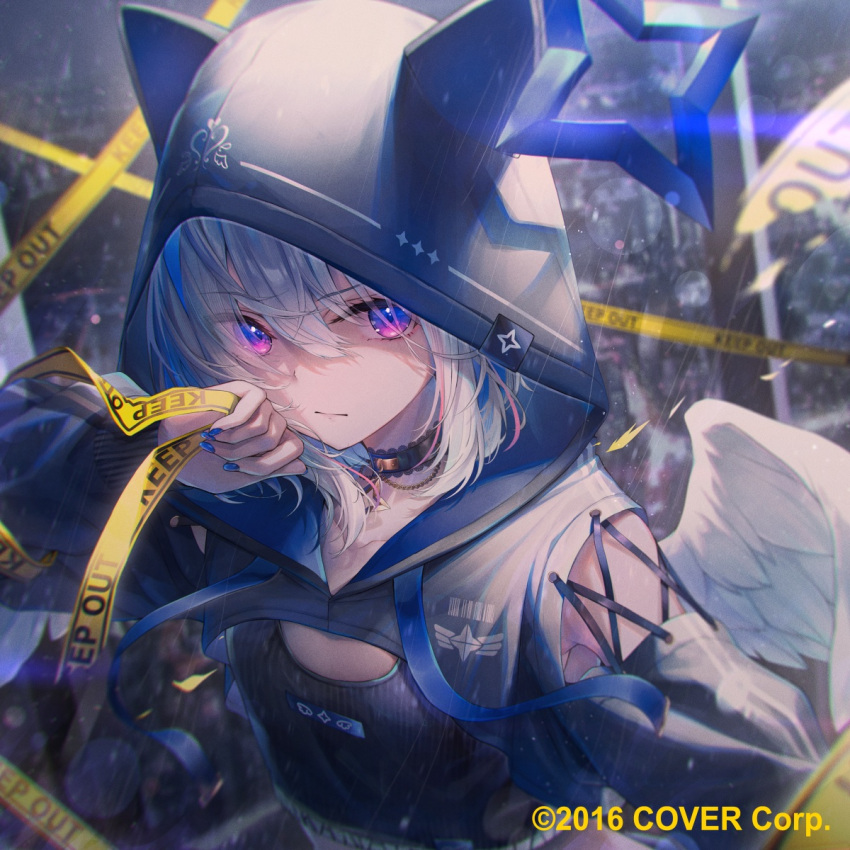 1girl amane_kanata angel_wings animal_hood black_hood black_shrug blue_eyes blue_hair blue_halo blue_nails blurry cat_hood caution_tape character_name chihiro_ayaka choker closed_mouth clothes_writing clothing_cutout collarbone commentary copyright_notice crop_top depth_of_field drawstring feathered_wings flat_chest frilled_choker frills gradient_eyes grey_hair halo hand_up highres hololive hood hooded_shrug keep_out long_sleeves multicolored_eyes multicolored_hair official_alternate_costume official_art rain shoulder_cutout shrug_(clothing) sidelocks solo star_halo streaked_hair upper_body violet_eyes virtual_youtuber white_hair white_wings wings