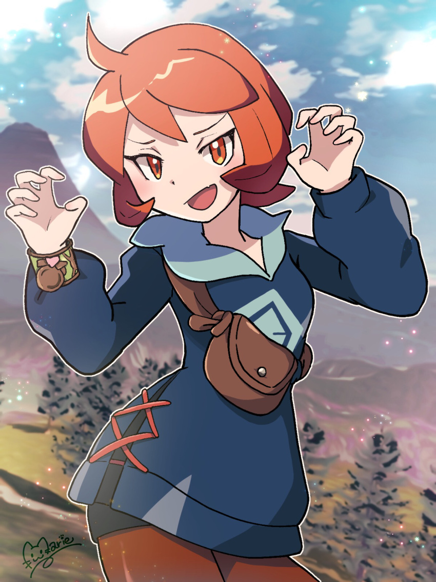 1girl :d arezu_(pokemon) black_shorts blurry blurry_background bracelet brown_pantyhose claw_pose clouds commentary_request day fang grey_jacket hands_up highres jacket jewelry looking_at_viewer marie_(marie_cookie222) open_mouth orange_eyes orange_hair outdoors pantyhose pokemon pokemon_legends:_arceus shorts signature sky smile solo