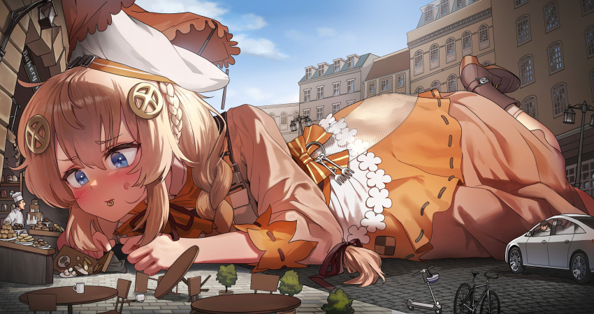 1girl absurdres bicycle blonde_hair blue_eyes braid brown_dress car choco_(neural_cloud) city commission dress fnc_(girls'_frontline) giant giantess girls'_frontline_neural_cloud girls_frontline hair_ornament hat highres kkasi00 long_hair motor_vehicle outdoors second-party_source solo table white_headwear