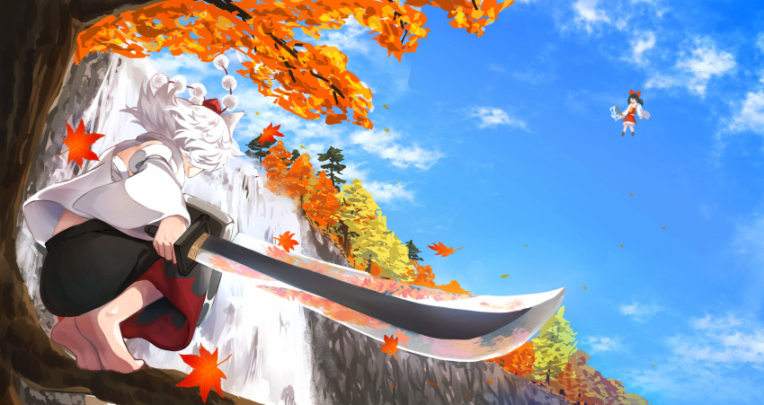 2girls absurdres animal_ears barefoot black_hair black_skirt blue_sky clouds commentary detached_sleeves god_g4mes gohei hakurei_reimu hat highres holding holding_sword holding_weapon inubashiri_momiji leaf maple_leaf multiple_girls outdoors red_headwear red_skirt short_hair skirt sky solo_focus squatting sword tokin_hat touhou tree two-tone_skirt water waterfall weapon white_hair wide_sleeves wolf_ears wolf_girl