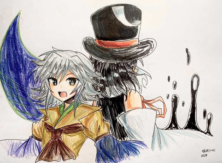 2others androgynous ascot black_headwear black_shirt brown_ascot chinese_commentary colored_pencil_(medium) commentary_request detached_sleeves enraku_tsubakura grey_eyes grey_hair guhai2023 hat highres houlen_yabusame ink jacket layered_sleeves len'en long_sleeves medium_hair multiple_others neck_ribbon other_focus puffy_short_sleeves puffy_sleeves red_ribbon ribbon shirt short_over_long_sleeves short_sleeves sketch sleeveless sleeveless_shirt traditional_media white_background white_sleeves yellow_jacket