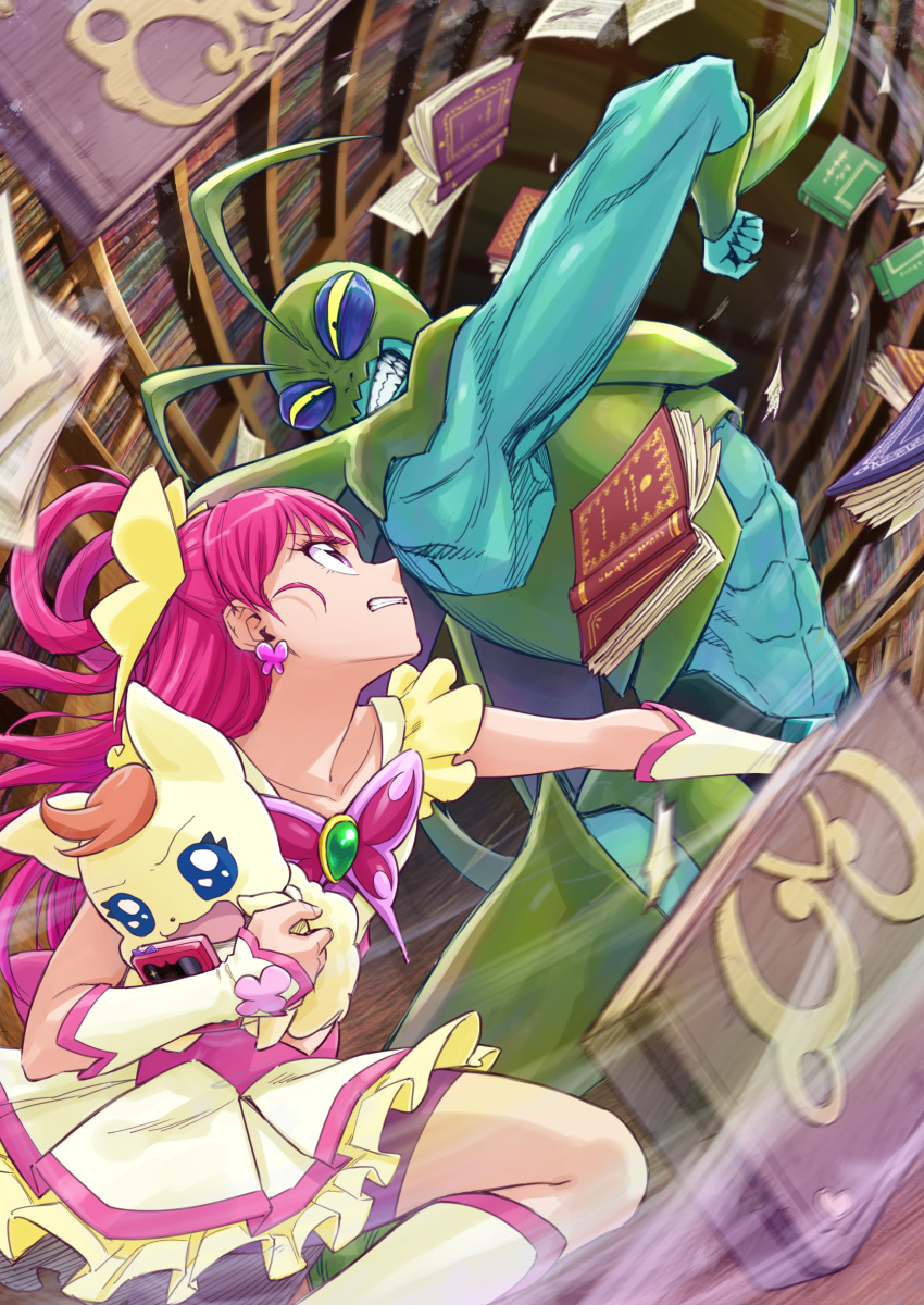 1boy 1girl absurdres angry armor battle bike_shorts bike_shorts_under_skirt blue_skin book boots butterfly_brooch clenched_teeth coco_(yes!_precure_5) colored_sclera colored_skin creature cure_dream earrings eye_contact frilled_skirt frills girinma glaring green_armor hair_rings highres indoors itou_shin'ichi jewelry knee_boots library long_hair looking_at_another magical_girl muscular muscular_male pink_eyes pink_hair precure purple_shorts shorts skirt teeth white_arm_warmers white_footwear white_skirt yellow_sclera yes!_precure_5 yumehara_nozomi