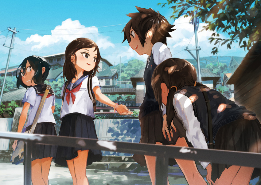 4girls absurdres backpack bag bent_over black_eyes black_hair black_skirt blue_sailor_collar blue_skirt blue_sky blue_sweater_vest blurry bracelet brown_hair building closed_mouth clouds commentary_request dappled_sunlight day depth_of_field film_grain hair_between_eyes hair_ornament hairclip highres inami_hatoko jewelry long_sleeves looking_at_another low_twintails messy_hair multiple_girls neckerchief open_mouth original outdoors pleated_skirt power_lines red_neckerchief revision sailor_collar school_bag school_uniform serafuku shirt short_hair short_sleeves shoulder_bag sidelocks skirt sky smile sunlight sweater_vest twintails utility_pole white_shirt
