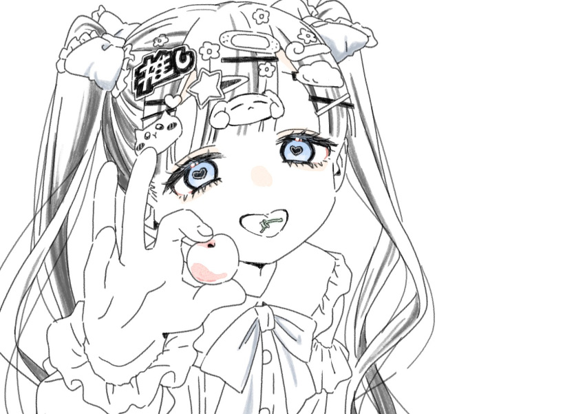 1girl blue_eyes bow bowtie cherry eyelashes flower food frilled_shirt_collar frills fruit grey_hair hair_bow hair_flower hair_ornament hairclip heart heart-shaped_pupils highres long_hair looking_at_viewer open_mouth original osakana_(osakanagazoubot) sketch smile smug solo spot_color symbol-shaped_pupils twintails upper_body