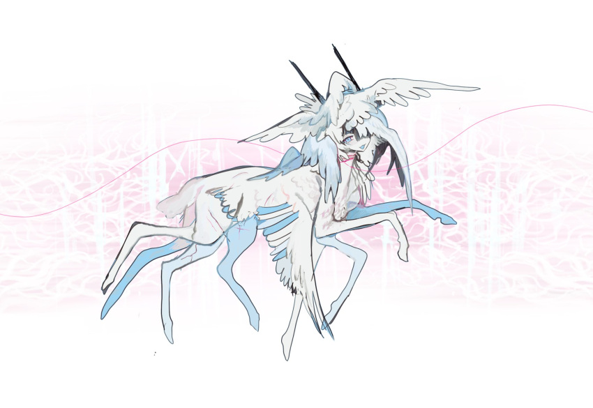 abstract_background blue_eyes blue_feathers blue_tongue blue_wings colored_tongue creature extra_legs feathers head_wings highres hooves kamikiririp multicolored_feathers no_humans open_mouth original smile white_feathers white_wings wings