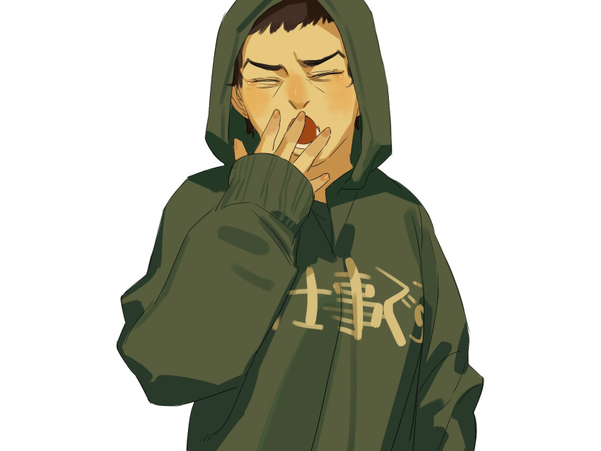 1girl androgynous brown_hair chengongzi123 closed_eyes covering_own_mouth facing_viewer genderswap genderswap_(mtf) golden_kamuy green_hoodie hand_over_own_mouth hand_up highres hood hood_up hoodie open_mouth short_hair simple_background sleeves_past_wrists solo tsukishima_hajime upper_body white_background yawning