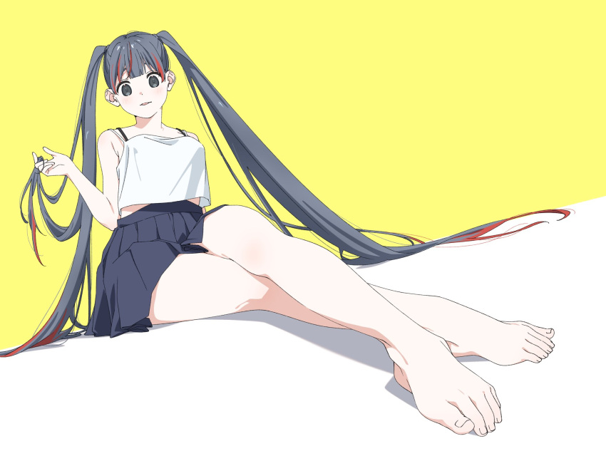 1girl bare_shoulders barefoot blush camisole crossed_legs foreshortening grey_eyes grey_hair highres long_hair looking_at_viewer multicolored_hair original osakana_(osakanagazoubot) redhead sitting skirt smile solo streaked_hair toes twintails two-tone_hair very_long_hair