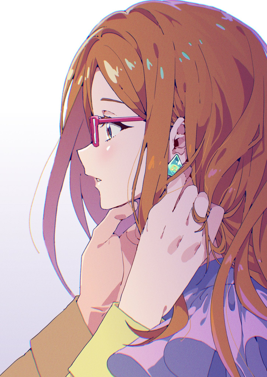 1girl akai_meganee brown_eyes brown_hair commentary_request dressing_another earrings from_side glasses hand_in_another's_hair hands_up highres himitsu_no_aipri jewelry long_hair long_sleeves looking_ahead omega_symbol out_of_frame parted_lips pretty_series profile putting_on_jewelry red-framed_eyewear tsujii_ruki upper_body waccha_primagi!