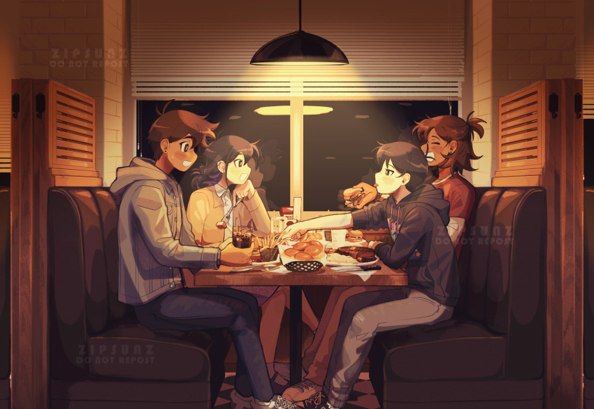 1girl 3boys absurdres artist_name black_hoodie blush brown_eyes brown_hair burger closed_eyes closed_mouth cup dark-skinned_male dark_skin drinking_glass food french_fries hero_(faraway)_(omori) hero_(omori) highres hood hoodie indoors kel_(faraway)_(omori) kel_(omori) mari_(faraway)_(omori) mari_(omori) multiple_boys omori open_mouth pants sitting smile sunny_(omori) table tongue tongue_out watermark zipsunz
