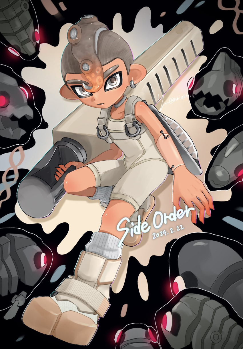 1boy agent_8_(splatoon) battering_lento black_background bodysuit boots brown_hair commentary_request copyright_name dated earrings fish fish_skeleton full_body glint glowing glowing_eyes gradient_hair grey_eyes grey_hair highres holding holding_sword holding_weapon hoop_earrings ink_tank_(splatoon) jelleton jewelry looking_at_viewer male_focus marching_andante mohawk multicolored_hair nbiqk6 octoling octoling_boy octoling_player_character parted_lips red_eyes short_hair signature sleeveless sleeveless_bodysuit socks splatana_stamper_(splatoon) splatoon_(series) splatoon_3 splatoon_3:_side_order standing standing_on_one_leg swarming_languendo sword tentacle_hair thick_eyebrows two-tone_background two-tone_hair v-shaped_eyebrows weapon white_background white_bodysuit white_footwear white_socks