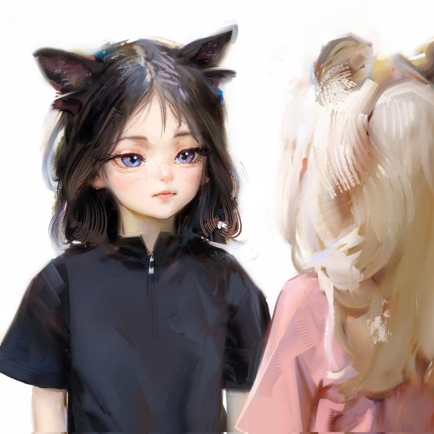 2girls animal_ears black_shirt blonde_hair blue_eyes brown_hair cat_ears cat_girl closed_mouth co_ti_(sweetonedollar) extra_ears highres long_hair looking_at_another medium_hair multiple_girls original parted_hair photo-referenced pink_shirt pussy_willow_(sweetonedollar) shirt short_sleeves simple_background sweetonedollar upper_body white_background zipper_pull_tab