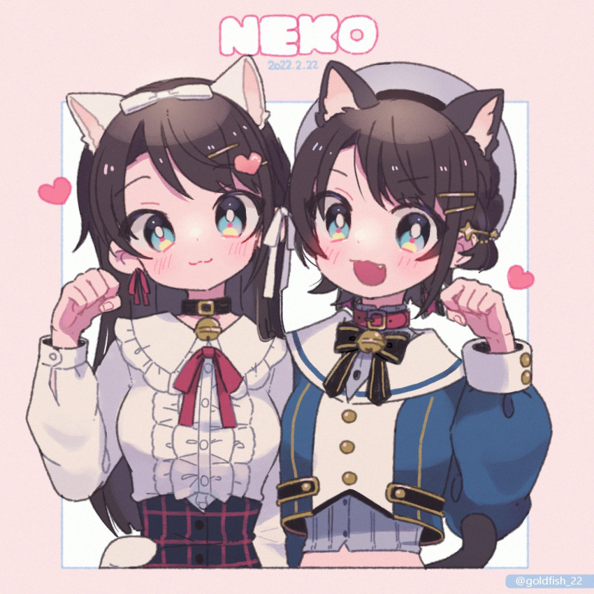 2girls :3 animal_ears blue_eyes blush brown_hair cat_ears cat_tail closed_mouth dated fake_animal_ears fang hair_ornament hairclip heart highres hololive kingyo_(g-fish) long_hair long_sleeves multiple_girls oozora_subaru open_mouth short_hair smile tail virtual_youtuber