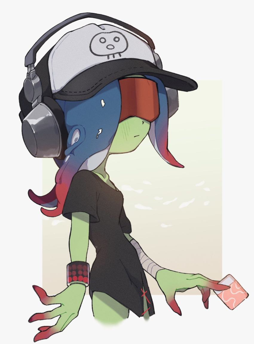 1girl bandaged_arm bandages baseball_cap black_shirt blue_hair border closed_mouth colored_skin commentary_request cropped_legs dedf1sh gradient_background gradient_hair green_skin grey_background hat headphones highres multicolored_hair octoling outside_border print_headwear red-tinted_eyewear redhead sanitized_(splatoon) shirt solo splatoon_(series) splatoon_3 splatoon_3:_side_order sunglasses tinted_eyewear two-tone_hair white_border wristband yksb_inc6