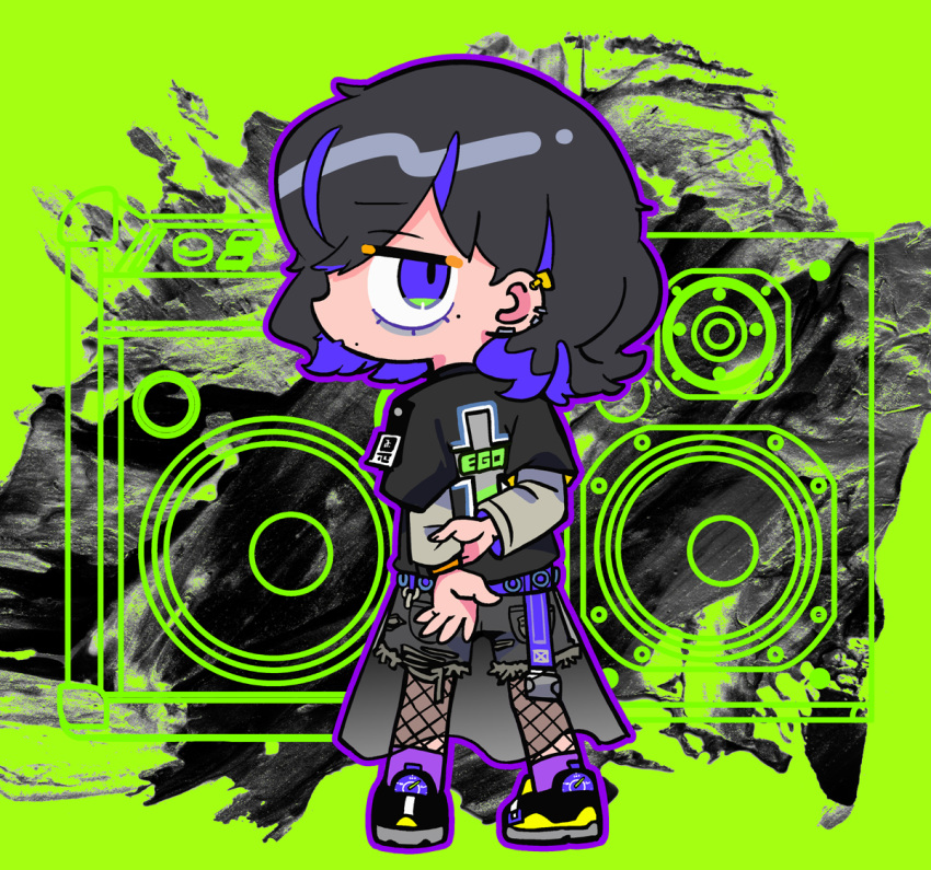 1girl arms_behind_back black_footwear black_hair black_shirt black_shorts blue_eyes blue_eyeshadow chibi ear_piercing eyeshadow fishnets from_side grabbing_own_arm green_background looking_at_viewer makeup mole mole_under_mouth multicolored_hair open_mouth orange_bracelet original piercing print_shirt purple_hair shirt short_hair shorts solo streaked_hair terada_tera two-tone_hair