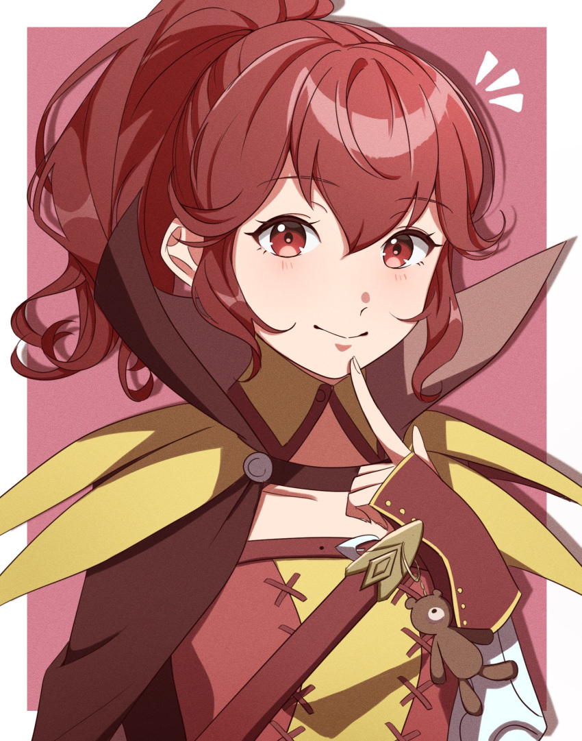 1girl anna_(fire_emblem) border cape dress fingerless_gloves fingernails fire_emblem fire_emblem_awakening gloves gmais2514 hair_between_eyes highres index_finger_raised long_hair looking_at_viewer mixed-language_commentary outside_border ponytail red_border red_cape red_dress red_eyes red_gloves redhead sidelocks smile solo sword two-tone_dress wavy_hair weapon white_border yellow_dress