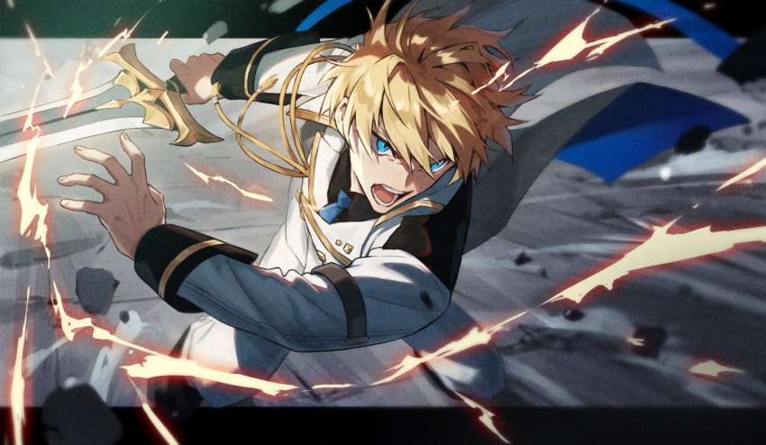 1boy aiguillette black_border black_shirt blonde_hair blue_eyes blue_necktie border buttons collared_jacket collared_shirt double-breasted energy feet_out_of_frame fighting_stance furrowed_brow hair_between_eyes holding holding_sword holding_weapon holostars jacket kishido_temma kishido_temma_(1st_costume) leaning_forward legs_apart letterboxed long_sleeves looking_at_viewer male_focus necktie open_mouth outside_border rock saku_(sakudeji) serious shirt short_hair solo standing sword tailcoat teeth virtual_youtuber weapon white_jacket