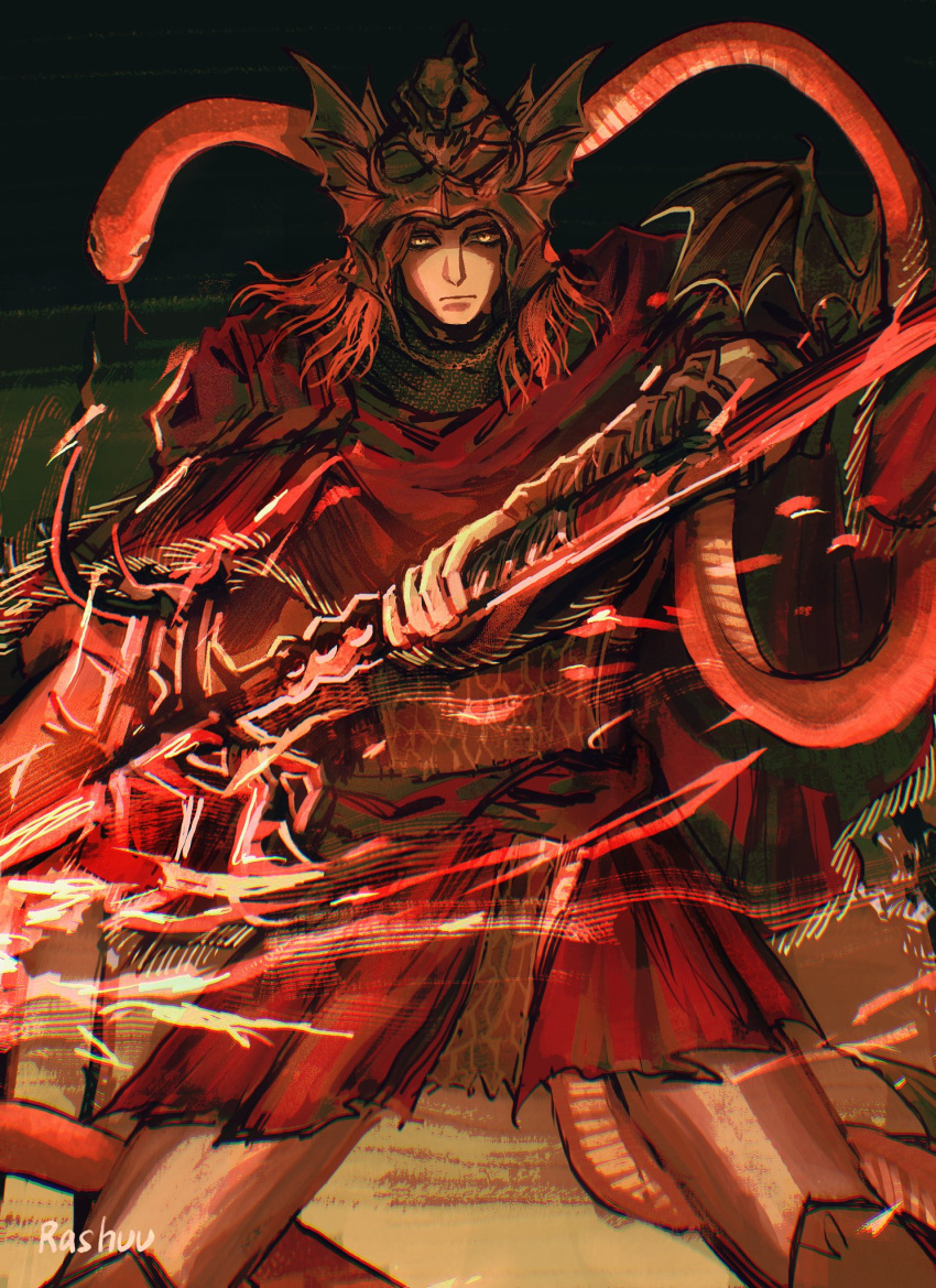 1boy armor artist_name bat_wings cape chainmail closed_mouth commentary elden_ring helmet highres holding holding_polearm holding_weapon lance long_hair male_focus messmer_the_impaler polearm rashuu red_cape redhead slit_pupils snake solo twitter_username vambraces weapon winged_helmet wings yellow_eyes