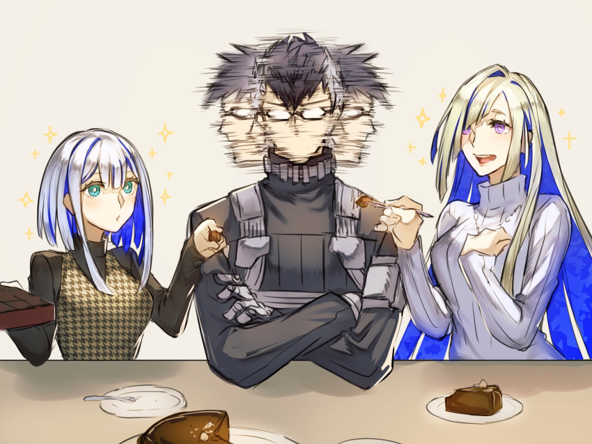 1boy 2girls aslaug_(fate) black_hair black_sweater blue_hair bright_pupils brynhildr_(fate) cake chocolate_cake colored_inner_hair commentary_request crossed_arms diagonal_bangs fate/grand_order fate_(series) food fork glasses green_eyes highres holding holding_fork kashia looking_at_another multicolored_hair multiple_girls open_mouth parody sigurd_(fate) sweater the_weaker_sex_1_(gibson) two-tone_hair violet_eyes white_hair white_pupils