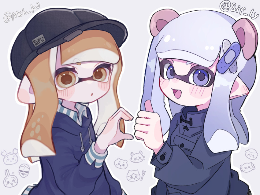 2girls :o animal_ears artist_name bandaid bandaid_on_head black_headwear blonde_hair blue_hoodie blue_jacket blush commentary commission eyebrows_hidden_by_hair fake_animal_ears hat heart_hands_failure highres hood hoodie inkling inkling_girl inkling_player_character jacket long_hair looking_at_viewer mch_k0 multiple_girls open_mouth parted_lips pointy_ears purple_hair smile splatoon_(series) symbol-only_commentary tentacle_hair thick_eyebrows thumbs_up upper_body violet_eyes white_background wide_sleeves yellow_eyes