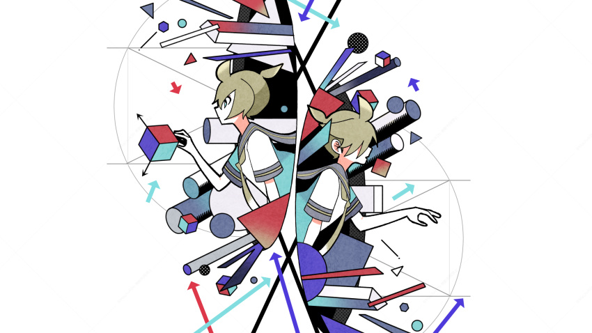 1boy ahoge arrow_(symbol) blonde_hair circle commentary_request cube cylinder geometry grey_sailor_collar hair_over_one_eye halftone hand_up highres kagamine_len machigami_yoh male_focus multiple_views partial_commentary sailor_collar sailor_shirt shirt short_hair short_sleeves upper_body vocaloid white_background white_shirt xyz_axis