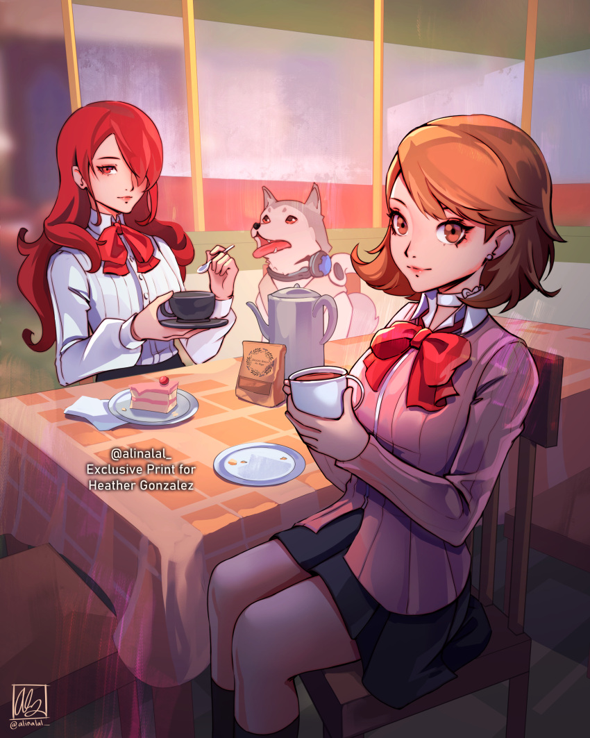 2girls absurdres alina_l artist_name black_skirt bow bowtie brown_bag brown_eyes brown_hair buttons cake choker closed_mouth cup dog english_commentary eyelashes food grey_fur hair_over_one_eye highres holding holding_cup holding_spoon indoors kirijou_mitsuru koromaru_(persona) long_hair looking_at_viewer medium_hair multiple_girls on_chair persona persona_3 pink_shirt plate red_bow red_bowtie red_eyes redhead sharp_teeth shirt sitting skirt smile spoon takeba_yukari teacup teapot teeth tongue tongue_out watermark white_choker