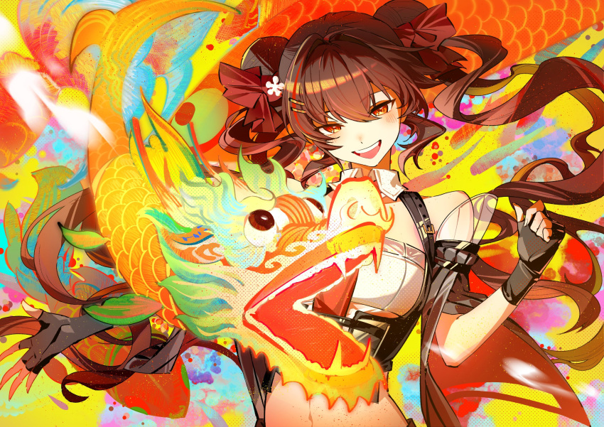 1girl black_gloves blush bow brown_hair double_bun dragon eastern_dragon fingerless_gloves girls'_frontline_neural_cloud girls_frontline gloves gwendolynstore hair_bow hair_bun highres jiangyu_(neural_cloud) long_hair multicolored_background multiple_hairpins open_mouth red_bow red_eyes smile twintails type_97_(girls'_frontline) upper_body