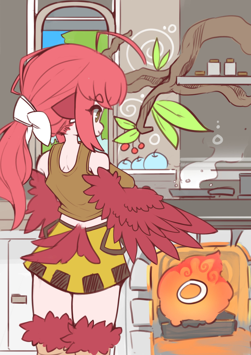 1girl absurdres ahoge animal_ears bird_ears bird_legs bird_tail bow branch breasts brown_eyes brown_tank_top coco_(eogks) cooking creature feathered_wings feathers fire food fruit frying_pan hair_bow harpy highres indoors large_breasts long_hair low_ponytail monster_girl nn_(eogks) original oven red_feathers red_wings redhead skirt smile solo steam tail tank_top white_bow window winged_arms wings yellow_skirt
