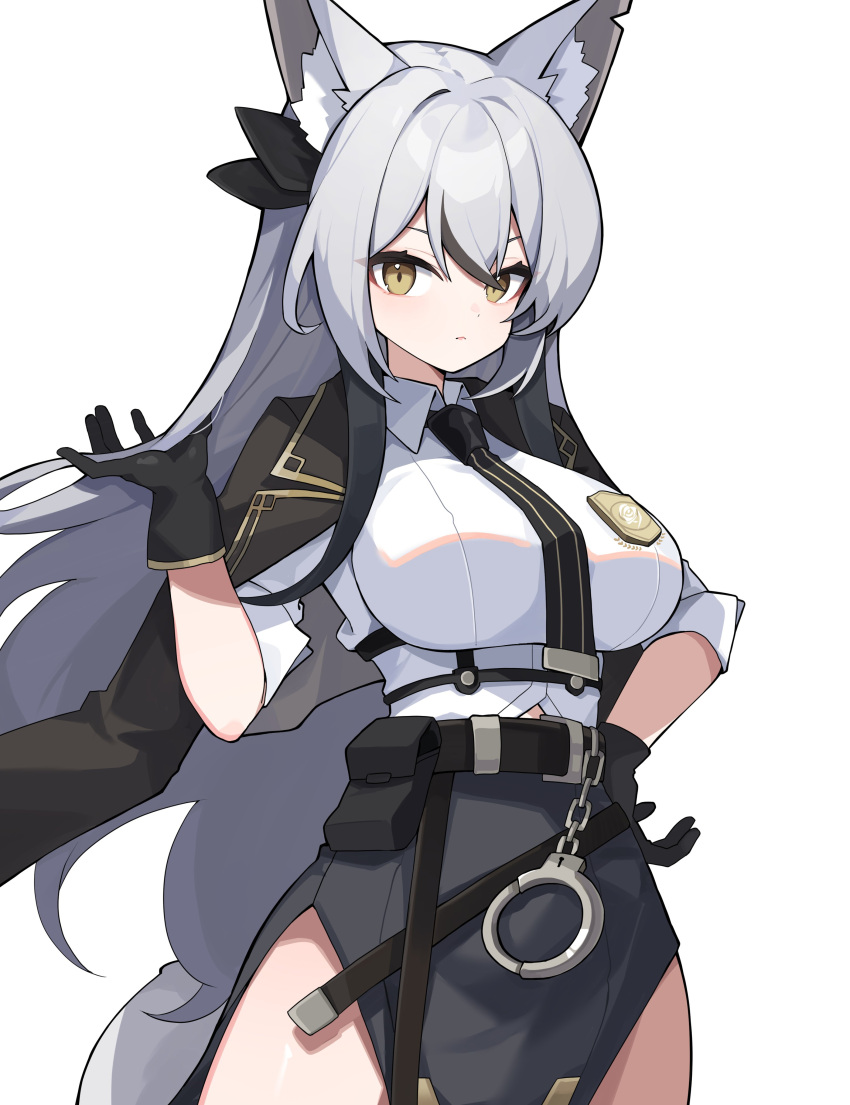 1girl absurdres animal_ears commission fox_ears fox_girl fox_tail grey_hair highres original simple_background solo tail thighs wang0424 white_background yellow_eyes