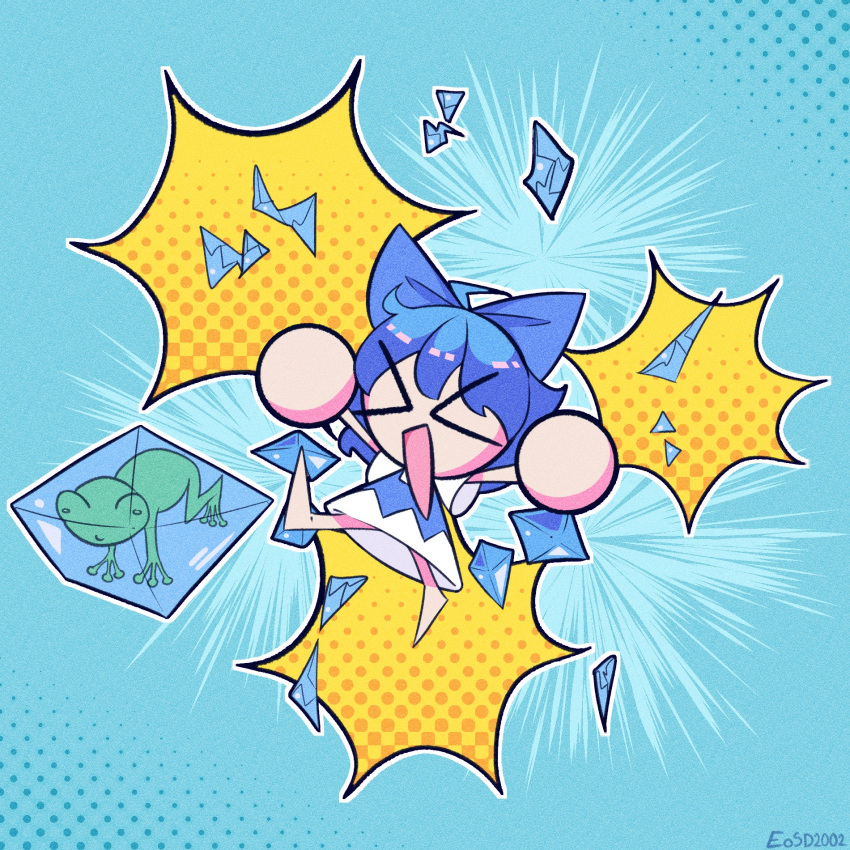 &gt;_&lt; 1girl artist_name blue_bow blue_dress blue_hair bow chibi cirno commentary dress english_commentary eosd2002 frozen_frog hair_bow halftone halftone_background highres ice ice_wings open_mouth signature smile solo touhou wings