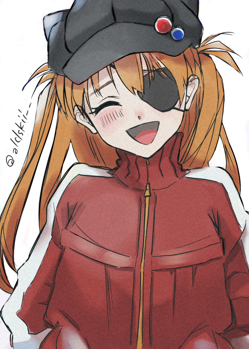 1girl alclskii artist_name black_headwear eyepatch facing_viewer hands_in_pockets highres long_hair neon_genesis_evangelion open_mouth rebuild_of_evangelion redhead simple_background smile solo souryuu_asuka_langley turtleneck white_background