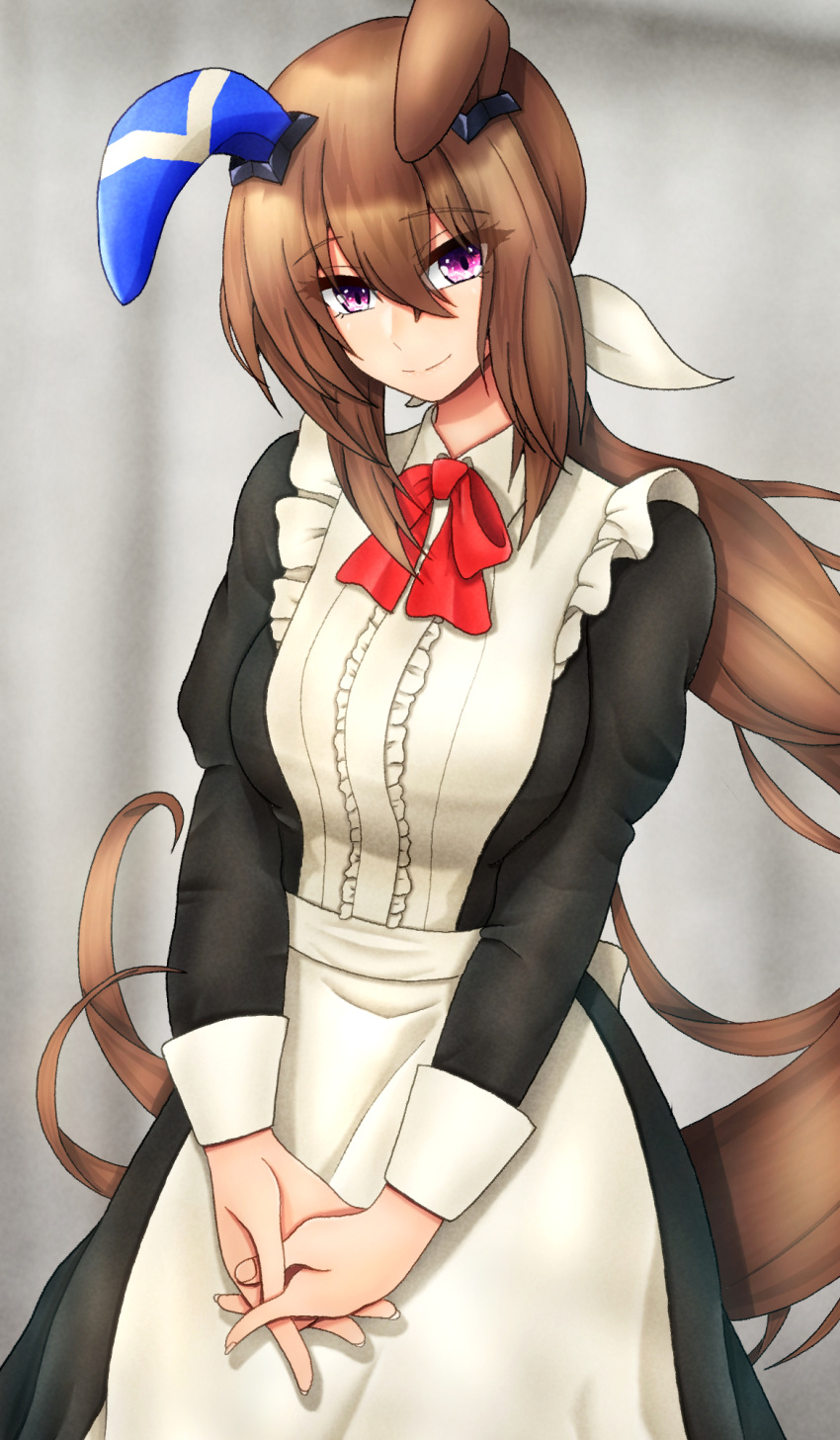 1girl admire_vega_(umamusume) alternate_costume animal_ears apron black_dress blurry blurry_background blush bow brown_hair closed_mouth commentary_request dress enmaided hair_between_eyes highres horse_ears horse_girl horse_tail juliet_sleeves long_hair long_sleeves m172/minatsu maid maid_apron ponytail puffy_sleeves red_bow solo tail umamusume violet_eyes
