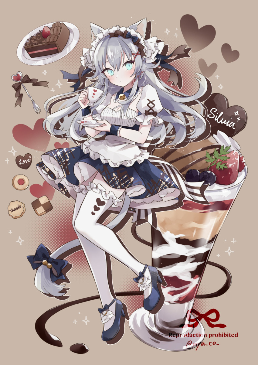 1girl absurdres animal_ears apron artist_name back_bow bell blue_bow blue_dress blue_eyes blue_footwear blueberry bow brown_background brown_bow cake cat_ears cat_girl cat_tail checkerboard_cookie chocolate_cake chocolate_syrup closed_mouth commentary cookie cup detached_collar dress drop_shadow english_commentary food fork frilled_apron frilled_footwear frilled_shirt_collar frilled_sleeves frilled_thighhighs frilled_wrist_cuffs frills fruit full_body grey_hair hair_between_eyes hair_bow hair_ornament heart high_heels highres holding holding_cup holding_saucer ice_cream jingle_bell long_hair looking_at_viewer maid maid_headdress myaco9 neck_bell original parfait petticoat plate puffy_short_sleeves puffy_sleeves saucer short_sleeves simple_background solo sparkle strapless strapless_dress strawberry striped_bow sylvia_(myaco9) tail tail_bell tail_bow tail_ornament teacup thigh-highs thumbprint_cookie twitter_username valentine waist_apron watermark white_apron white_thighhighs wrist_cuffs x_hair_ornament