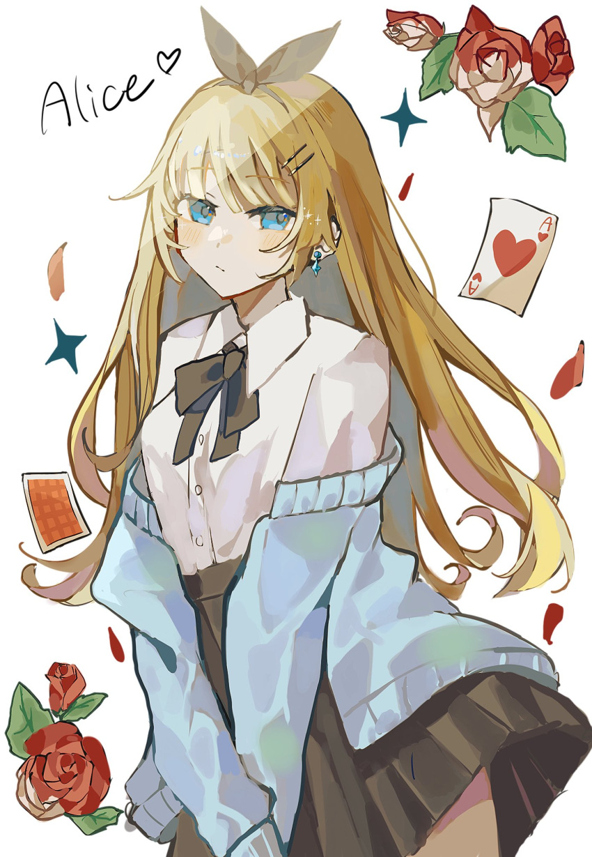 1girl :/ ace_(playing_card) alice_(alice_in_wonderland) alice_in_wonderland anemonelove black_bow black_bowtie black_skirt blonde_hair blue_cardigan blue_eyes bow bow_hairband bowtie brown_hairband buttons card cardigan character_name closed_mouth collared_shirt cowboy_shot diamond_(shape) diamond_earrings earrings falling_petals flower hair_ornament hairband hairpin heart highres jewelry leaf long_hair long_sleeves looking_at_viewer multiple_hairpins petals playing_card pleated_skirt red_flower red_rose rose shirt shirt_tucked_in sidelocks simple_background skirt sleeves_past_wrists solo sparkle standing white_background white_shirt