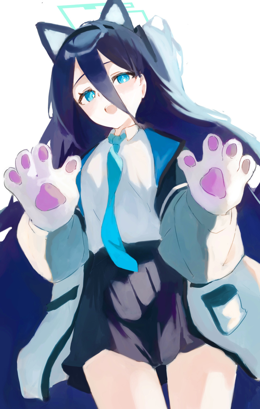 1girl absurdly_long_hair absurdres animal_ears animal_hands aris_(blue_archive) black_hair black_skirt blue_archive blue_eyes blue_necktie blush cat_ears cat_paws collared_shirt cowboy_shot gloves green_halo halo highres long_hair long_sleeves looking_at_viewer necktie open_mouth paw_gloves pleated_skirt pop88715091pop shirt simple_background skirt smile solo very_long_hair white_background white_gloves white_shirt