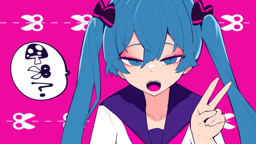 1girl blue_eyes blue_hair bow cosmo_(bousoup) double-parted_bangs eyelashes fangs hair_between_eyes hair_bow hand_up hatsune_miku kinoko_ga_haeteru!!_(vocaloid) long_hair looking_at_viewer mushroom neckerchief open_mouth portrait purple_background purple_bow purple_neckerchief purple_sailor_collar sailor_collar sailor_shirt scissors shirt slit_pupils solo speech_bubble straight-on teeth twintails upper_teeth_only v vocaloid white_shirt