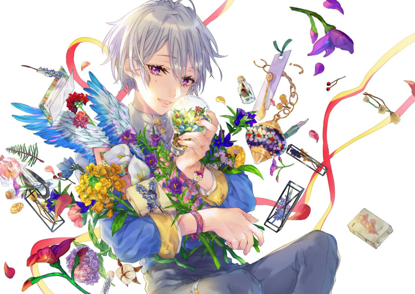 1boy antenna_hair belt bishounen blue_jacket blue_sleeves bottled_star bouquet buttons check_copyright commentary_request copyright_request cowboy_shot eyelashes flower flower_request grey_hair grey_pants high-waist_pants highres holding holding_bouquet jacket knees_up layered_sleeves long_sleeves looking_at_viewer male_focus mole mole_under_eye nasso0810 object_request open_mouth original ornament pants purple_bracelet red_flower red_ribbon ribbon shirt short_hair smile snow_globe solo teeth thigh_belt thigh_strap turtleneck_shirt two-tone_ribbon upper_teeth_only violet_eyes white_background white_belt white_flower white_shirt white_wings wings wrist_flower yellow_flower yellow_ribbon