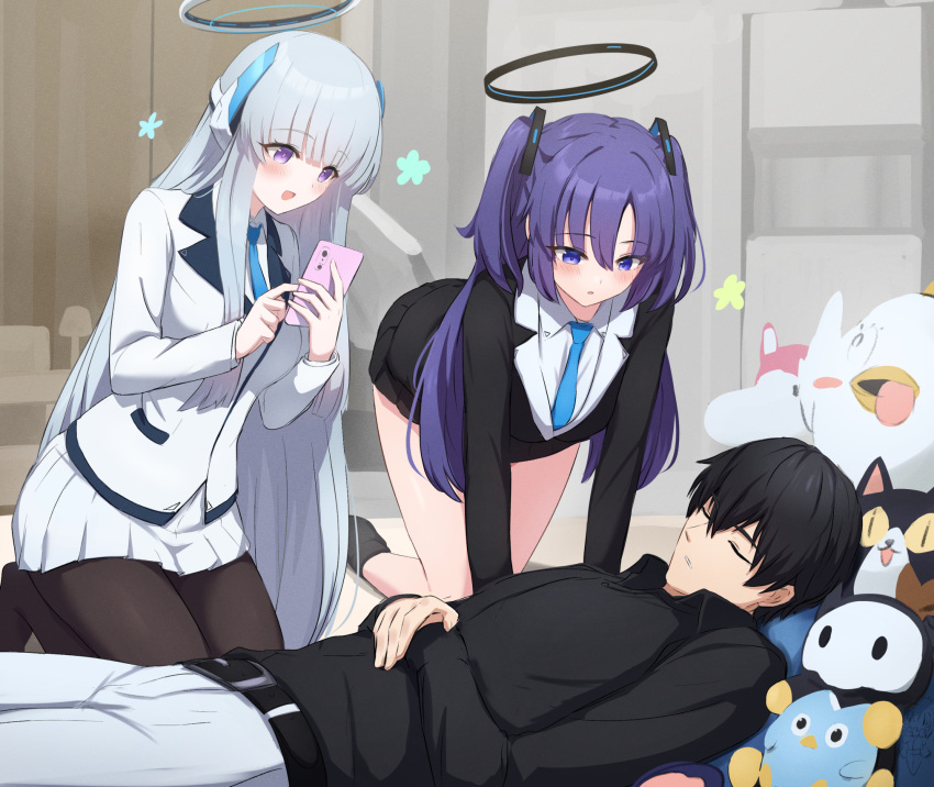 1boy 2girls afrody black_hair black_pantyhose black_shirt black_skirt blue_archive blue_necktie blush breasts cellphone closed_eyes collared_shirt grey_hair grey_pants hair_between_eyes halo highres holding holding_phone indoors large_breasts long_hair long_sleeves mechanical_halo multiple_girls necktie noa_(blue_archive) open_mouth pants pantyhose parted_lips peroro_(blue_archive) phone pleated_skirt purple_hair sensei_(blue_archive) shirt short_hair skirt sleeping smartphone smile suit two_side_up violet_eyes white_shirt white_skirt yuuka_(blue_archive)