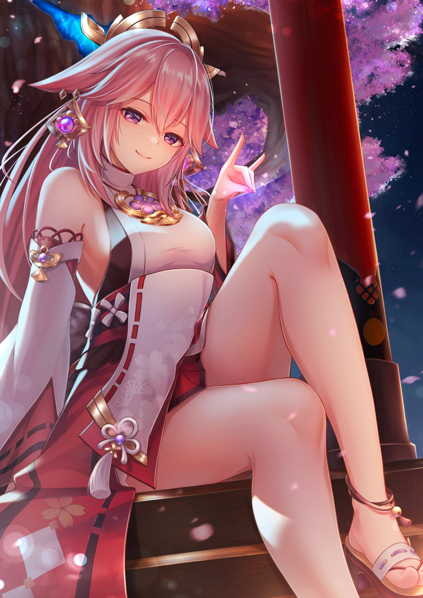 1girl absurdres animal_ears bare_legs bare_shoulders breasts detached_sleeves fox_ears genshin_impact hair_ornament highres japanese_clothes jewelry large_breasts leg_up long_hair looking_at_viewer pink_hair shoes smile solo very_long_hair violet_eyes wide_sleeves yae_miko yuno_kaihara