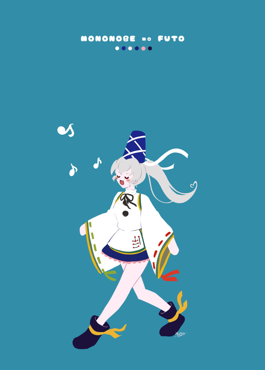 1girl absurdres black_ribbon blue_background blue_headwear blue_skirt blush boots character_name closed_eyes commentary_request flat_color full_body grey_background grey_hair hat highres japanese_clothes kariginu long_hair long_sleeves medium_bangs mononobe_no_futo music musical_note neck_ribbon open_mouth pom_pom_(clothes) ponytail ribbon ribbon-trimmed_sleeves ribbon_trim simple_background singing skirt smile solo tate_eboshi touhou walking wide_sleeves yuriri2001
