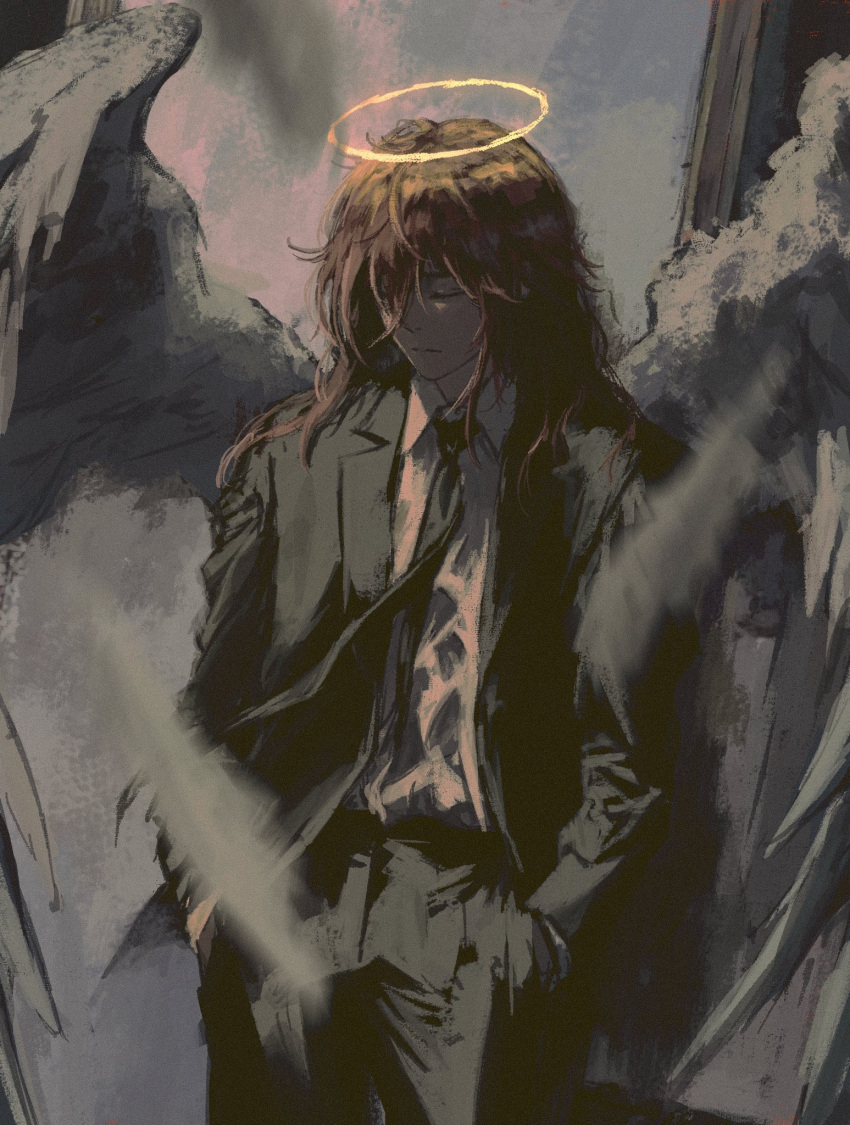 1boy androgynous angel_devil_(chainsaw_man) angel_wings black_jacket black_necktie chainsaw_man closed_eyes collared_shirt dress_shirt feathered_wings halo hands_in_pockets highres jacket long_hair necktie redhead shiej007 shirt suit_jacket white_shirt white_wings wings