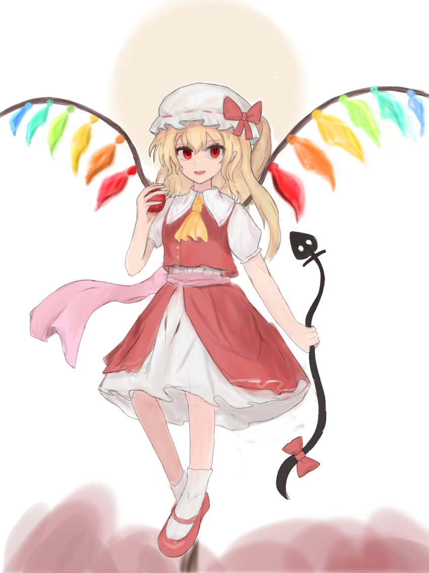 1girl 83mkneinlsqmebq apple ascot blonde_hair bow commentary_request crystal flandre_scarlet food fruit hat hat_bow highres holding holding_food holding_fruit holding_weapon laevatein_(touhou) long_hair looking_at_viewer mob_cap multicolored_wings one_side_up open_mouth puffy_short_sleeves puffy_sleeves red_apple red_bow red_eyes red_vest short_sleeves side_ponytail skirt smile solo touhou vest weapon white_headwear wings