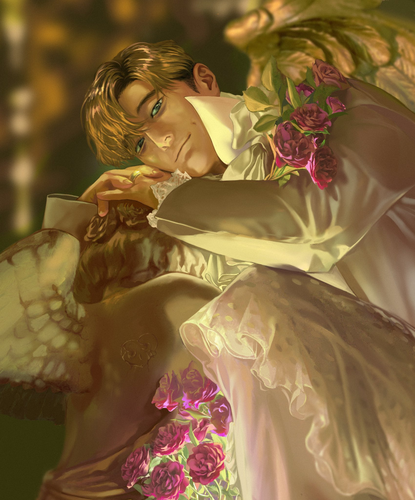 1boy angel_statue blurry blurry_background brown_hair closed_mouth coooga flower heart highres indoors jacket jewelry killing_stalking looking_at_viewer male_focus oh_sangwoo pants pink_flower pink_rose ring rose short_hair smile solo statue white_jacket white_pants