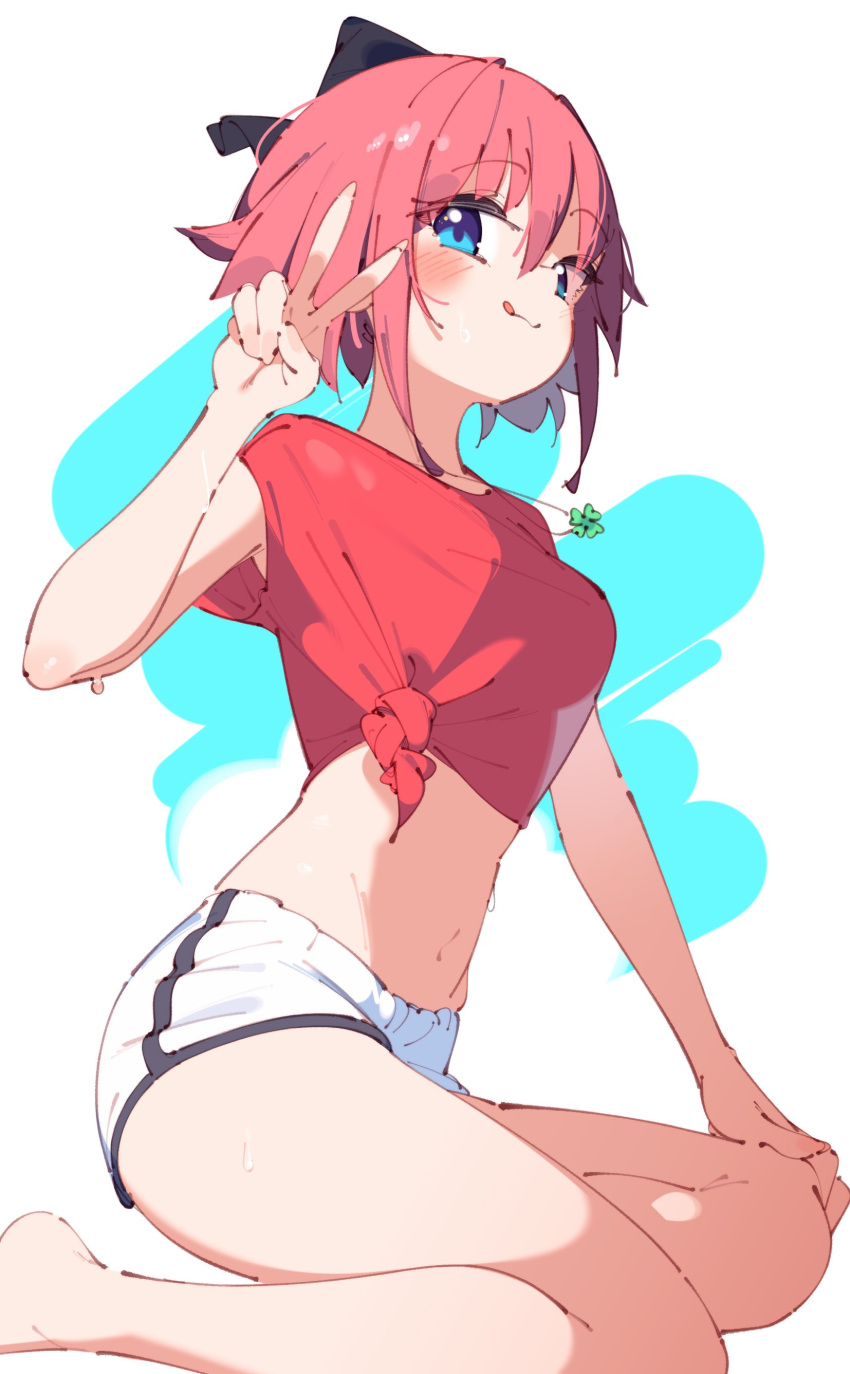 1girl :p absurdres bare_arms bare_legs barefoot blue_eyes clover collar four-leaf_clover four-leaf_clover_necklace hair_ribbon highres looking_at_viewer midriff navel original pink_hair rasusurasu red_shirt ribbon shirt shirt_rolled_up short_hair short_shorts short_sleeves shorts simple_background sitting smile solo stomach sweat sweatdrop thighs tongue tongue_out two-tone_shorts v wariza