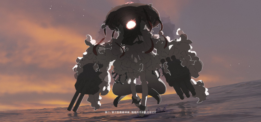 1girl abyssal_jade_princess abyssal_ship amonitto barefoot clouds dress glowing highres kantai_collection ocean outdoors skeletal_hand sky solo tail torpedo_tubes translation_request turret water white_dress