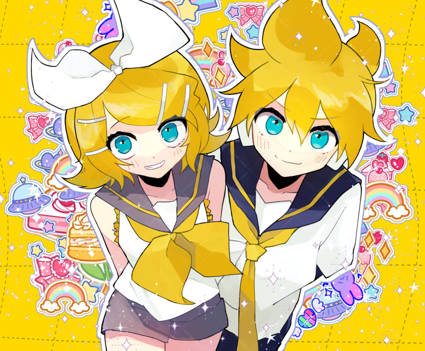 1boy 1girl arms_behind_back bare_shoulders black_sailor_collar black_shorts blonde_hair blue_eyes bow grey_sailor_collar grey_shorts hair_between_eyes hair_bow hair_ornament hairclip highres kagamine_len kagamine_rin looking_at_viewer neckerchief necktie outline patterned_background pov sailor_collar shirt short_hair short_ponytail short_sleeves shorts siblings sleeveless sleeveless_shirt smile sparkle swept_bangs takamiya_yuu teeth twins vocaloid white_bow white_outline white_shirt yellow_background yellow_neckerchief yellow_necktie