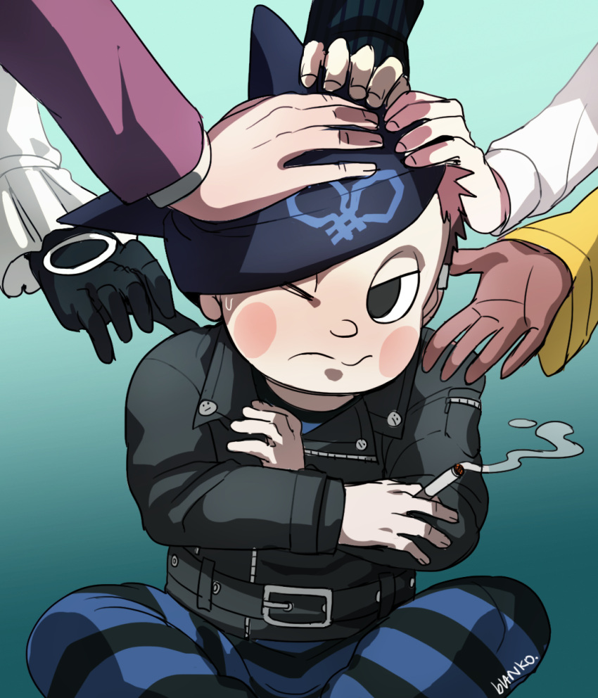 3boys 3girls akamatsu_kaede animal_ear_headwear animal_ears artist_name beanie belt belt_buckle black_belt black_eyes black_gloves black_headwear black_jacket black_jumpsuit black_sleeves blanko! blue_background blue_jumpsuit blush_stickers brown_hair buckle buttons cat_ears chin cigarette closed_mouth collared_jacket commentary crossed_arms danganronpa_(series) danganronpa_v3:_killing_harmony dark-skinned_female dark_skin english_commentary fake_animal_ears feet_out_of_frame fingernails frilled_sleeves frills frown gloves gradient_background half-closed_eyes hand_on_another's_head hat highres holding holding_cigarette hoshi_ryoma jacket jumpsuit layered_sleeves leather leather_jacket long_sleeves looking_at_viewer male_focus momota_kaito multiple_boys multiple_girls o-ring one_eye_closed outstretched_hand palms petting pink_sleeves pocket prison_clothes saihara_shuichi short_hair simple_background sitting sleeves_past_wrists smoke solo_focus striped_jumpsuit studded_belt sweatdrop tapping_shoulder tojo_kirumi two-tone_jumpsuit v-shaped_eyes vertical-striped_sleeves very_short_hair wavy_mouth white_sleeves yellow_sleeves yonaga_angie zipper